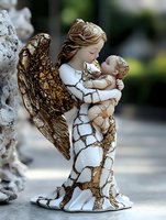 Decorative angel figurine in white and gold holding baby, featuring intricate wing details and crackled pattern design. Perfect for religious and spiritual concepts.