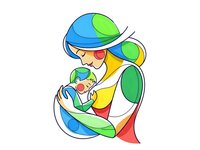 Colorful abstract mother holding baby in loving embrace, stylized maternal bond illustration on white background for family design projects.