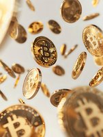 Golden cryptocurrency coins falling on light background, dynamic composition with floating digital money symbols in warm tones. For finance concepts.