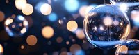 Glass Christmas ornament with soft bokeh lights creating magical holiday atmosphere against dark background, festive winter decoration.