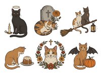 Spooky feline characters in Halloween costumes and themed settings including angel, gravestone, witch, vampire, and autumn decorations. Isolated clipart for seasonal designs.