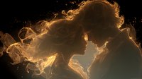 Golden silhouettes of couple in love surrounded by ethereal smoke effect against dark background, creating romantic atmospheric mood.