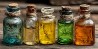 Five vintage glass bottles with cork stoppers containing colorful liquids in blue, clear, yellow, green and orange arranged on wooden surface.