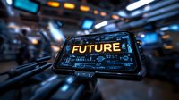 Glowing futuristic display screen with word Future surrounded by digital interface elements and tech patterns in dark environment with blue accent lighting.