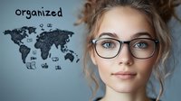 Young Caucasian businesswoman wearing glasses with world map and business icons on blue background. Professional female portrait emphasizing global business organization.