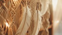 Boho macrame wall hanging with feathers and natural fibers creates warm textured home decor accent for modern interior design and bohemian styling projects.
