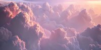 Dramatic pink and purple cloudscape at sunset with towering cumulus formations creating ethereal atmosphere against dusky sky. Panoramic view of majestic weather phenomenon.