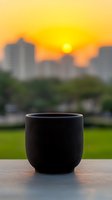 Black ceramic cup on wooden surface against urban sunset skyline with orange sky and silhouetted buildings. Green park area visible in middle ground.