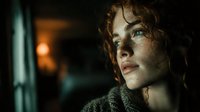 Young woman with curly hair and freckles gazing thoughtfully by window with warm indoor lighting creating atmospheric mood for lifestyle content.