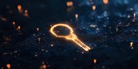Glowing key silhouette on dark textured surface with magical orange light particles floating around, creating mysterious atmosphere for business concept designs.