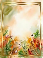 Watercolor cooking frame with fresh herbs, vegetables, and wooden utensils arranged on warm background. Ideal for recipe cards, culinary blogs, and food-related designs.