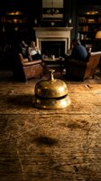 Vintage brass service bell on wooden table in elegant library lounge with fireplace and leather chairs creating warm hospitality atmosphere.