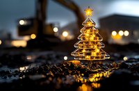Glowing decorative Christmas tree ornament with warm lights creating magical bokeh effect on dark background, festive holiday atmosphere outdoors.