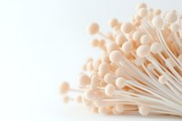 Fresh enoki mushrooms in soft peach color on white background, macro close-up view showing delicate stems and caps, minimalist food photography composition.