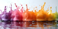 Colorful liquid crown splashes in rainbow sequence captured at high speed, featuring purple, pink, orange, and yellow drops creating dynamic motion on reflective surface.