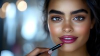 Young South Asian woman applying pink lipstick with brush, glowing skin and professional makeup on blurred bokeh background. Close up beauty portrait.