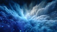 Dramatic night sky with glowing blue clouds and sparkling bokeh lights creating mystical atmosphere. Cosmic background with ethereal illumination and dreamy effect.