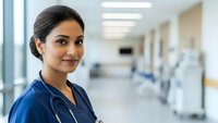 Young female healthcare professional in blue scrubs with stethoscope smiling confidently in modern hospital corridor for medical career concepts.