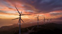 Wind turbines on a hilltop at sunset with glowing wireless network signals, symbolizing smart renewable energy and green technology innovation.
