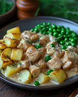 Creamy mushroom stroganoff with roasted potatoes and green peas served in gray bowl on wooden table for comfort food recipes and home cooking.