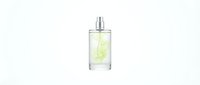 Transparent glass perfume bottle with pale yellow liquid and fresh citrus leaf floating inside, isolated on white background for cosmetic product design and packaging mockups.