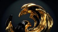 Liquid gold and black metallic swirls creating dynamic abstract waves on dark background for luxury branding and modern design projects.