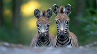 Two young zebra foals standing together in soft natural light, showing distinctive stripe patterns and alert ears against blurred green background.