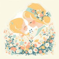 Tender illustration of mother and child with blonde hair surrounded by spring flowers in pastel peach and mint colors, sharing intimate moment among floral garden.