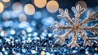 Sparkling crystal snowflake ornament on glittering blue background with golden bokeh lights creating magical winter holiday atmosphere.