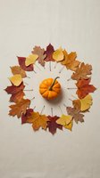 Autumn leaves arranged in circular pattern around orange pumpkin on neutral background for seasonal decoration and fall crafts.