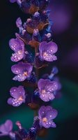 Purple wildflowers with morning dew drops on petals creating magical bokeh effect. Soft focus nature photography for wellness and botanical designs.
