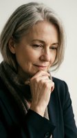 Confident mature Caucasian businesswoman with gray hair in thoughtful pose wearing dark blazer and scarf against neutral background for corporate portraits.