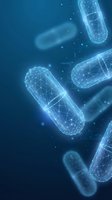 Digital wireframe capsules floating in blue space representing pharmaceutical technology and medical innovation for healthcare design.
