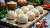 Fresh homemade bread rolls with herbs and spices on wooden cutting board in rustic kitchen setting for cooking and baking recipes.