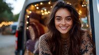 Young Mediterranean woman with long dark hair and bright smile wearing leopard print sweater against blurred festive lights background. Lifestyle portrait for advertising.