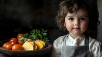 Adorable toddler chef with curly hair wearing apron stands beside wooden bowl of fresh tomatoes and herbs in rustic kitchen setting for cooking concepts.