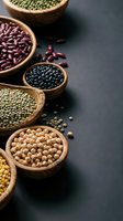 Assorted legumes and pulses in wooden bowls on dark surface, including lentils, beans, and chickpeas for cooking and nutrition.