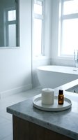 Minimalist bathroom interior with marble countertop displaying white candle and amber essential oil bottle, freestanding tub and bright windows creating serene spa atmosphere for wellness and home decor.