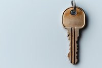 Single brass house key on light gray background with copy space, minimalist composition for security and real estate concepts. Isolated with soft shadow.