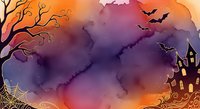 Halloween watercolor background with haunted house, bare tree, flying bats and spider web in purple orange gradient sky for spooky seasonal designs.