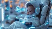 Young African American child in futuristic gaming setup wearing astronaut helmet and headphones, playing video games surrounded by glowing blue holographic elements and ambient lighting.