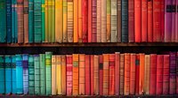 Colorful vintage books arranged in rainbow order on wooden shelves create vibrant library backdrop perfect for education, knowledge and literature themed designs and backgrounds.