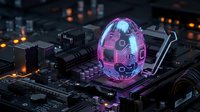 Glowing neon egg with circuit patterns on computer motherboard surrounded by tech components and warm lighting for technology and innovation concepts.