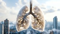 Double exposure of human lungs combined with cityscape showing air pollution impact on respiratory health against cloudy urban background.