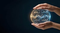 Hands holding glowing globe with golden financial charts and stock market graphs, representing global economy, investment growth, and business analytics on dark background.
