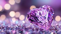 Sparkling purple heart-shaped crystal against blurred bokeh background with glittering surface creates romantic luxury atmosphere for Valentine's designs.