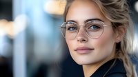 Young professional woman wearing stylish round glasses and black blazer smiling confidently against blurred urban background, natural makeup and blonde hair in casual updo.