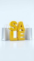 Bold yellow SALE letters with white shopping bags on a clean background, for retail promotions, discount banners, and seasonal shopping campaigns.
