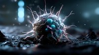 Microscopic virus cell with spiky protein surface and glowing blue core against dark background for medical education and scientific research presentations.