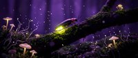 Enchanted forest scene with glowing mushrooms and magical fireflies on moss-covered log against purple starry night sky creating mystical fairy tale atmosphere.